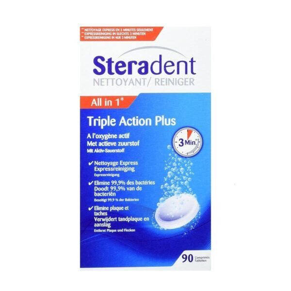 Steradent Active Fresh Tablets for Denture Cleaning, 60+30 Triple Action Formula Tablets.