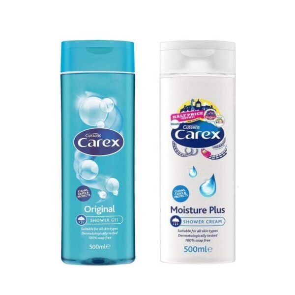 Carex Original Shower Gel and Moisture Plus Shower Cream LARGE Bottles 2 x 500ml. Suitable for all skin types. Cleans, Cares and Protects.