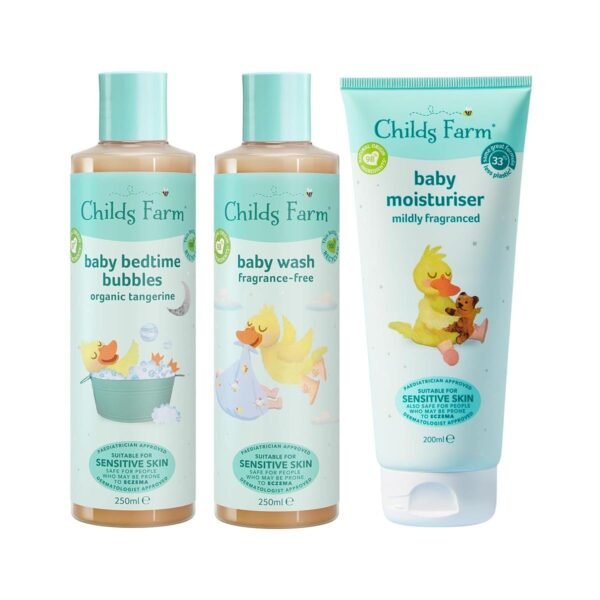 Childs Farm | Baby Regime Bundle | Baby Moisturiser 200ml, Baby Wash and Baby Bubbles 250ml | Suitable for Newborns with Dry, Sensitive and Eczema-prone Skin