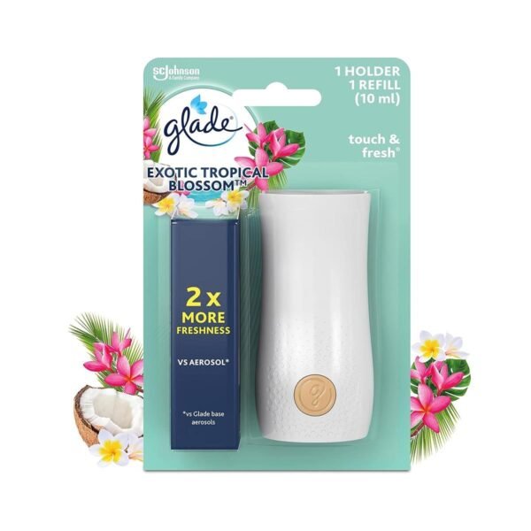 Glade Touch & Fresh Air Freshener Holder and Refill, Touch Activated Odour Eliminator for Bathroom & Home, Tropical Blossoms, 1 Starter Kit, (1 x Holder and 1 x 10ml Refill)