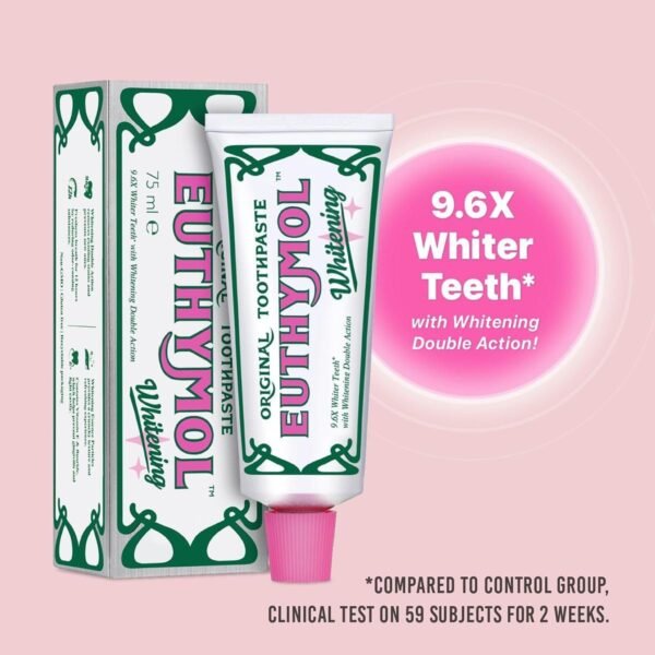 Euthymol Whitening Toothpaste 75ml x 3, Contains Fluoride Vitamin E, Non-GMO Gluten Free, Plaque Removal Cavity Protection Antibacterial, White Clean Teeth, Freshens Breath Refreshing Dental Care - Image 2