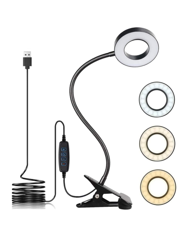 KNAMKY USB LED Desk Lamp Clip On Light, 3 Light Mode 10 Dimmable Brightness Eye Caring Book Adjustable for Reading Studying Working Video Conference Lighting (Black) [Energy Class A++]