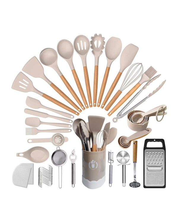 UXIYI Silicone Kitchen Utensils Set, 46pcs Cooking Utensil Set, Silicone Spatula Set with Holder for Cooking Nonstick Heat Resistant Kitchen Gadgets, Khaki [Energy Class A]