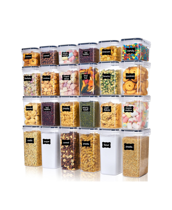 Vtopmart Set of 24 Airtight Food Storage Containers & Kitchen Storage Containers, BPA-Free Plastic Containers for Flour, Sugar and Baking Supplies, with 24 Labels (Black)